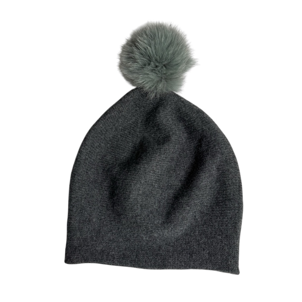 La Fiorentina Gray Wool Cashmere Knit Fox Fur‎ Pom Pom Beanie Hat